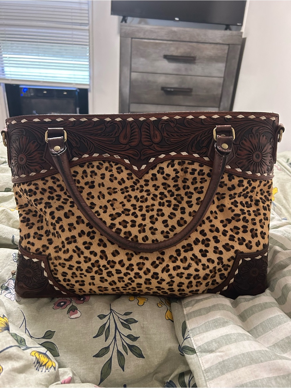 American Darling Leopard Print Tote with Tooled Brown Leather Trim